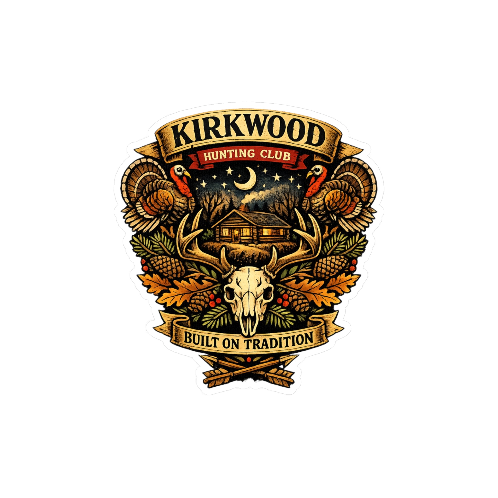 Kirkwood Hunting Club Vinyl Sticker — Rustic Cabin, Skull & Antlers Kiss-Cut Decal