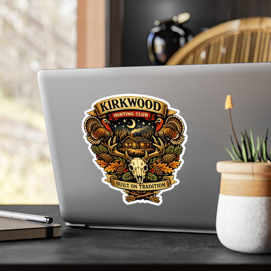 Kirkwood Hunting Club Vinyl Sticker — Rustic Cabin, Skull & Antlers Kiss-Cut Decal