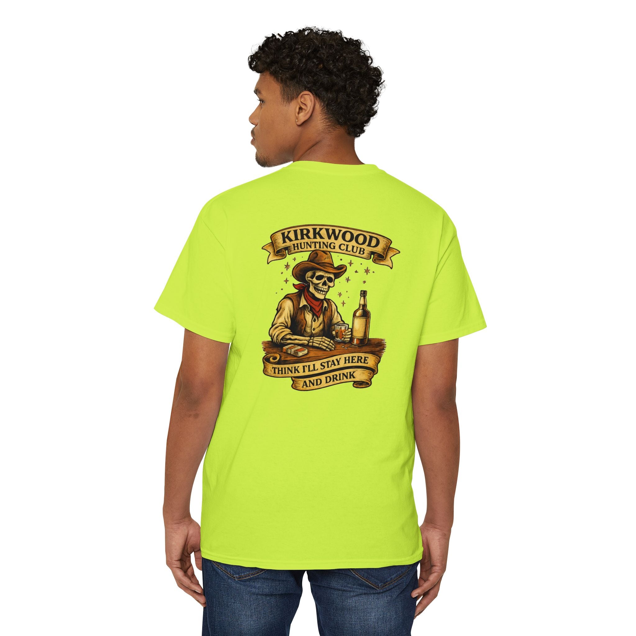 Kirkwood Hunting Club Pocket T‑Shirt — 'Think I’ll Stay Here and Drink'