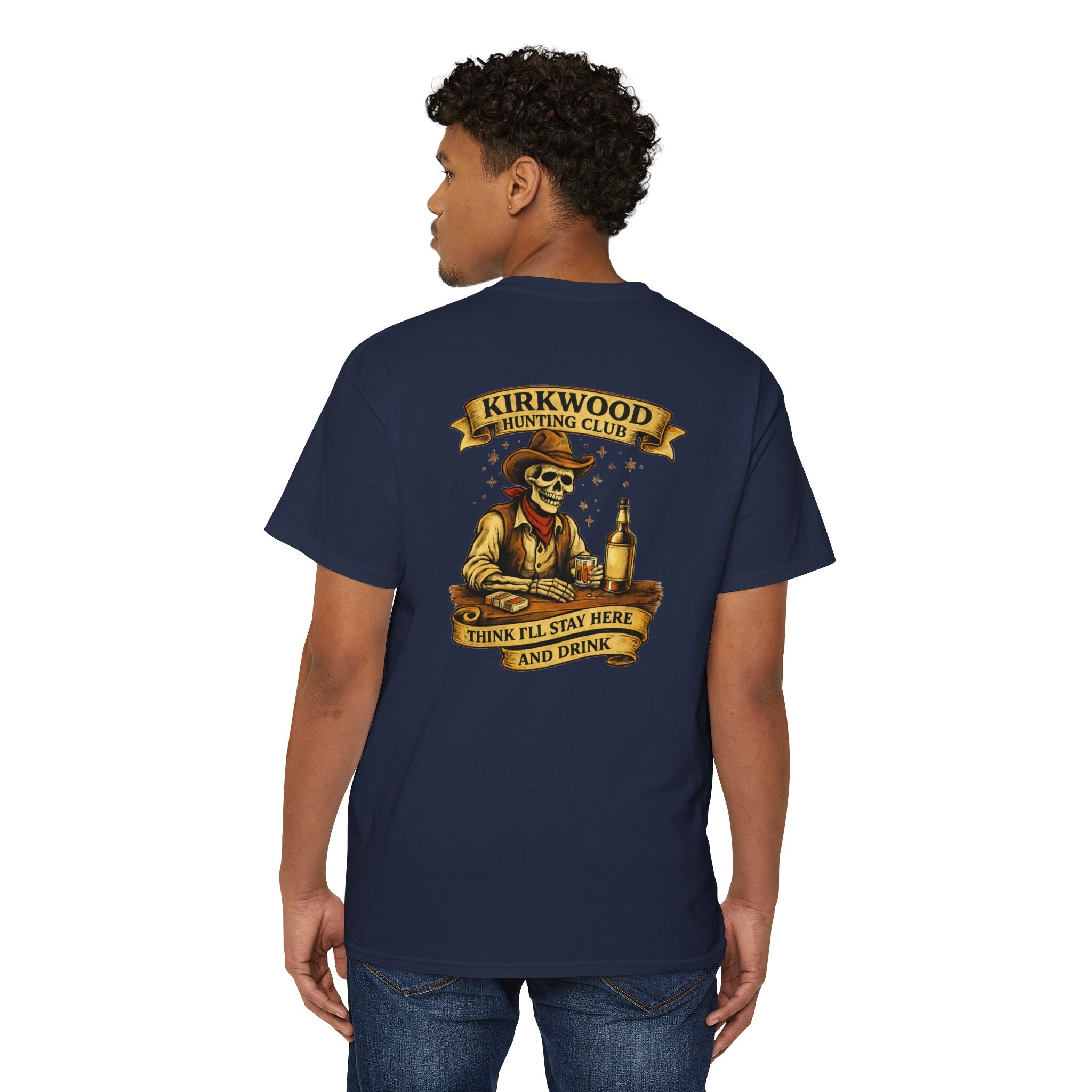 Kirkwood Hunting Club Pocket T‑Shirt — 'Think I’ll Stay Here and Drink'