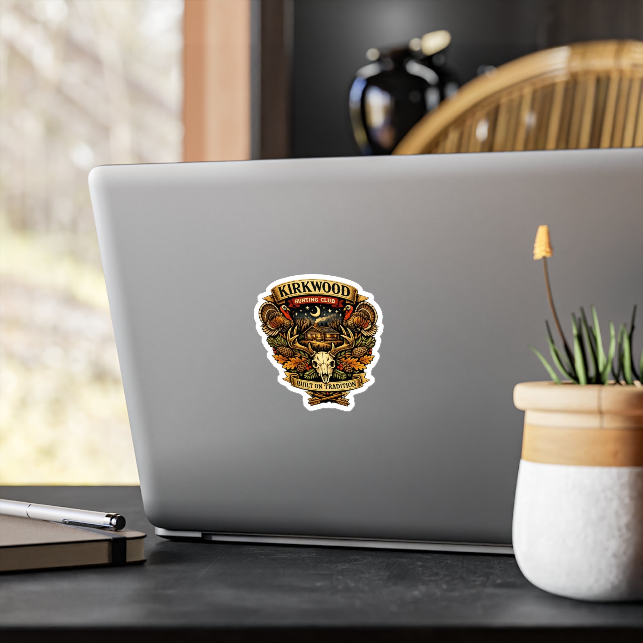 Kirkwood Hunting Club Vinyl Sticker — Rustic Cabin, Skull & Antlers Kiss-Cut Decal