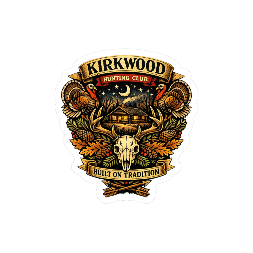 Kirkwood Hunting Club Vinyl Sticker — Rustic Cabin, Skull & Antlers Kiss-Cut Decal