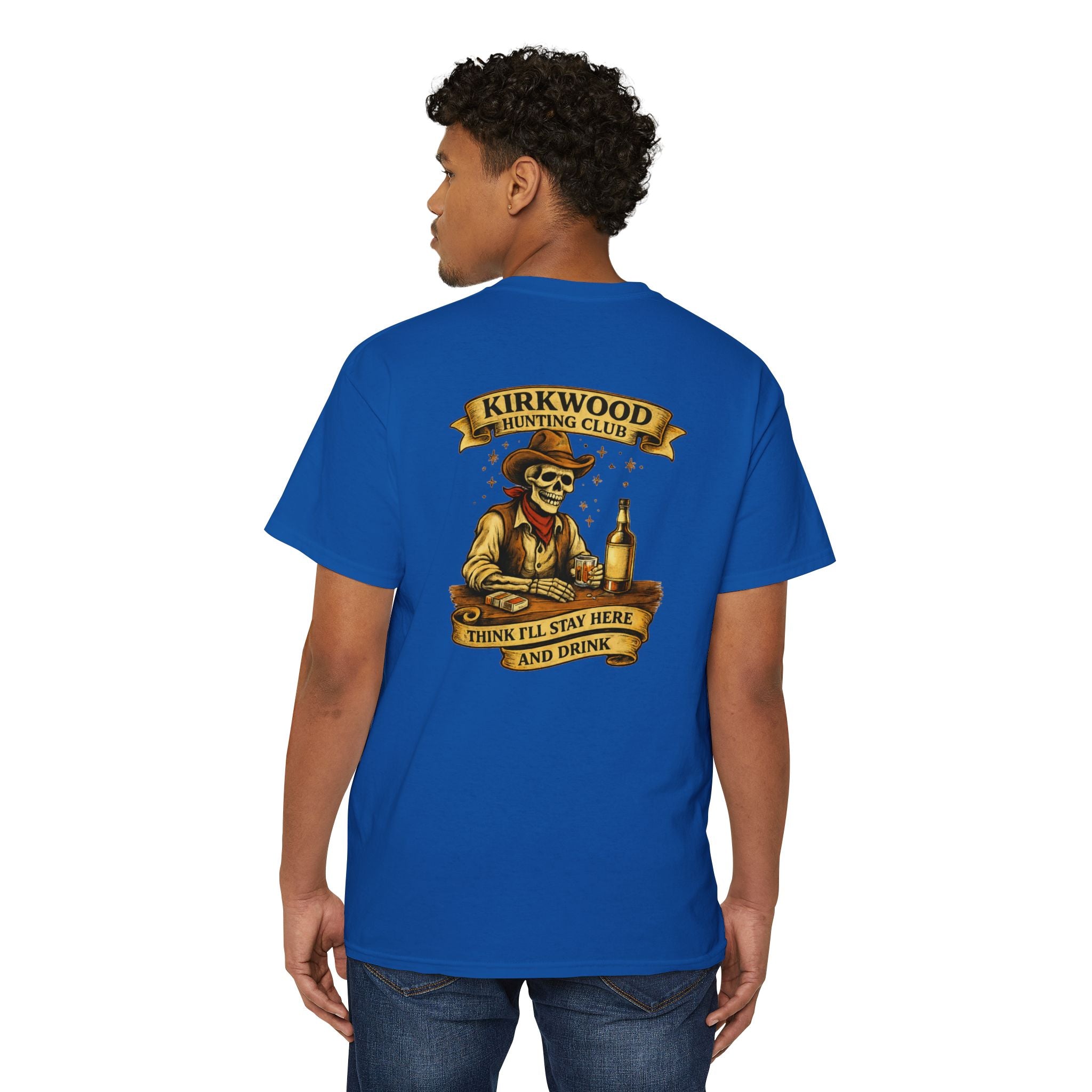 Kirkwood Hunting Club Pocket T‑Shirt — 'Think I’ll Stay Here and Drink'