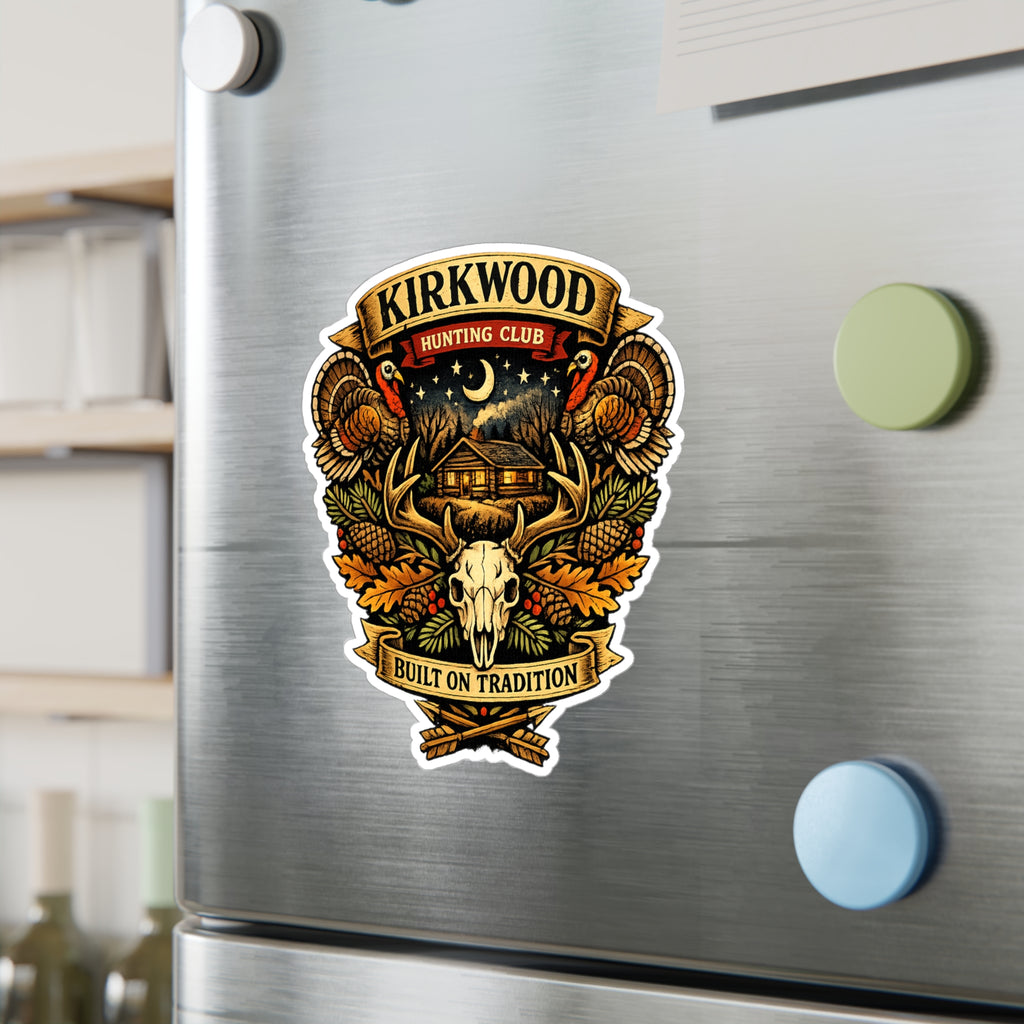 Kirkwood Hunting Club Vinyl Sticker — Rustic Cabin, Skull & Antlers Kiss-Cut Decal