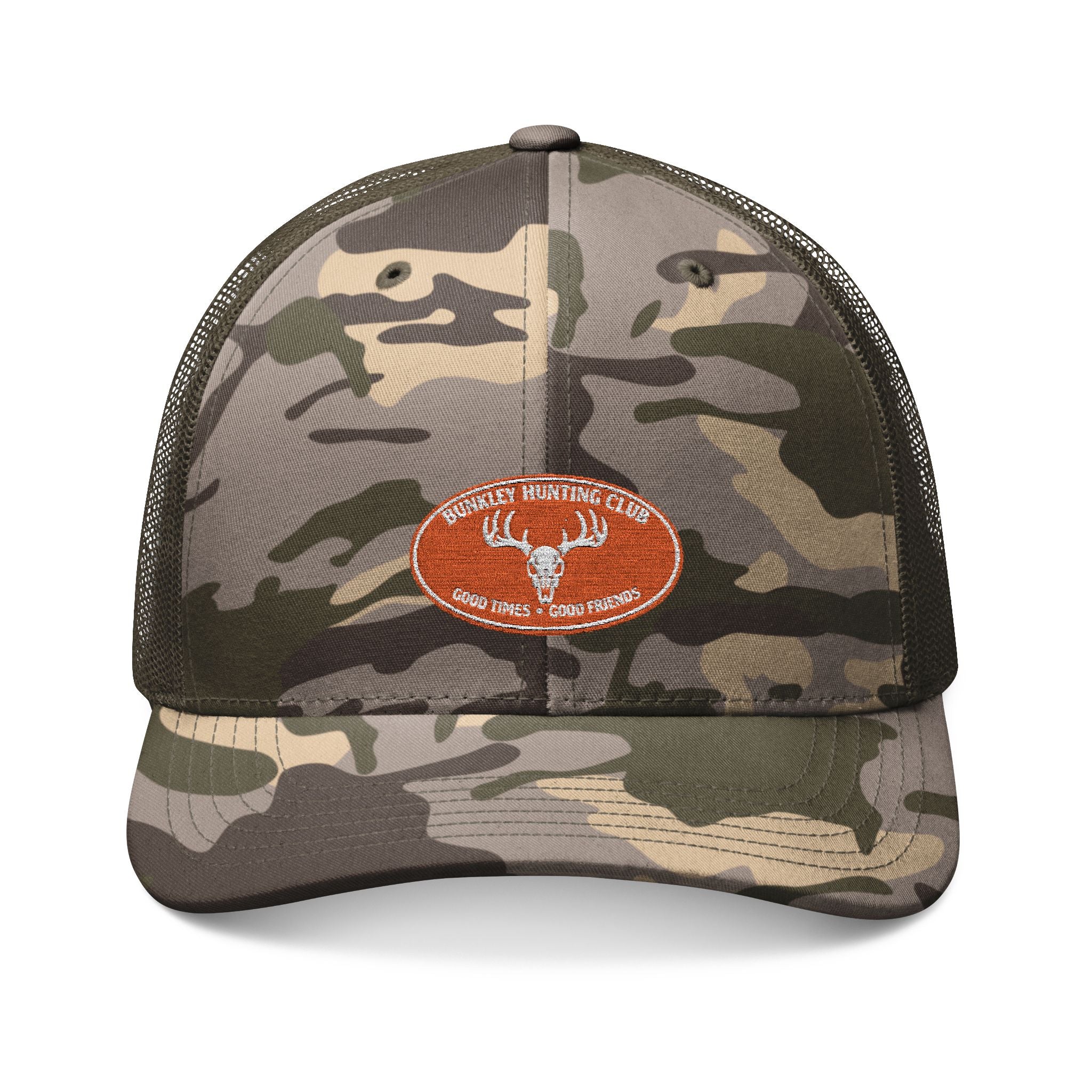 Camo Trucker Hat — Embroidered Buck Deer Patch