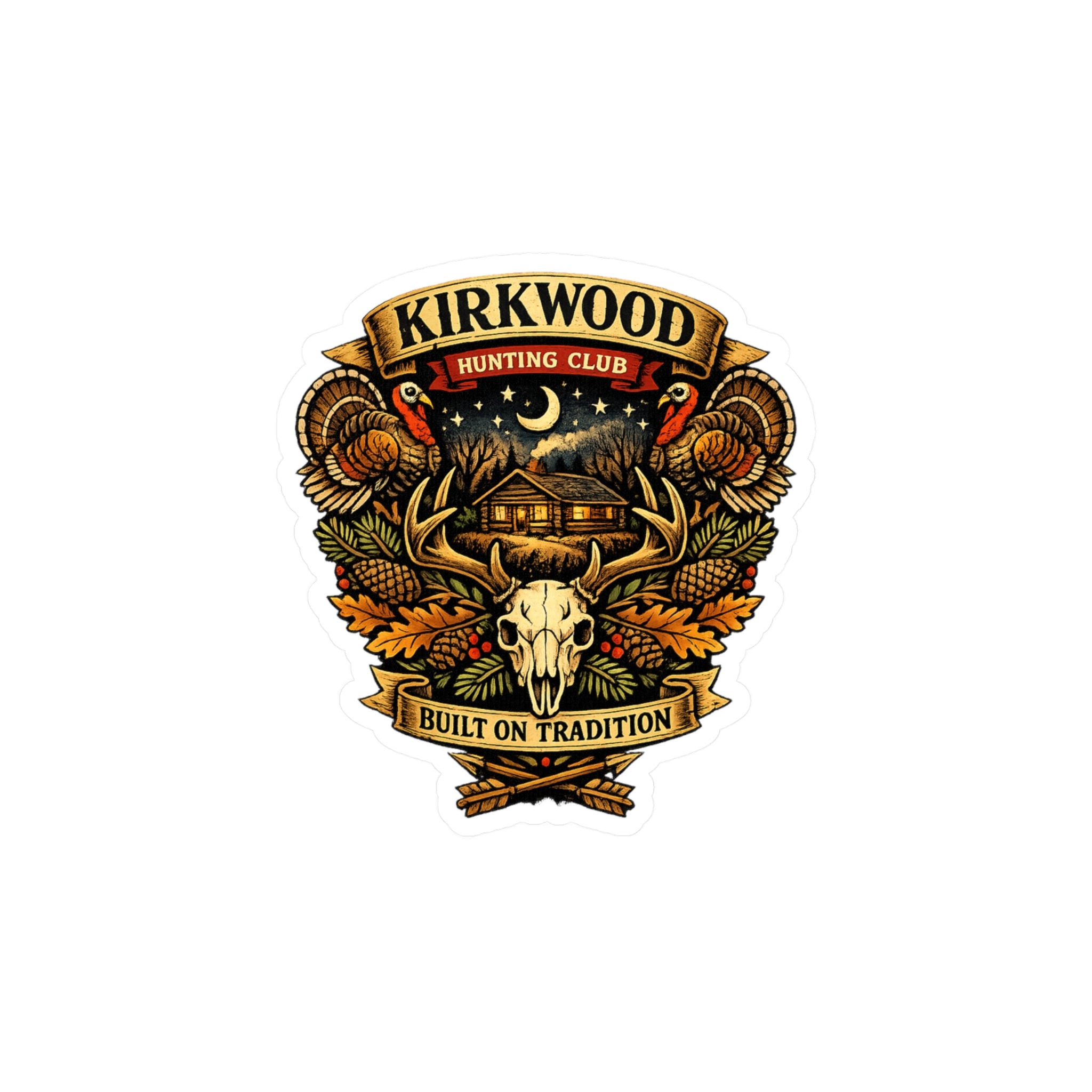Kirkwood Hunting Club Vinyl Sticker — Rustic Cabin, Skull & Antlers Kiss-Cut Decal