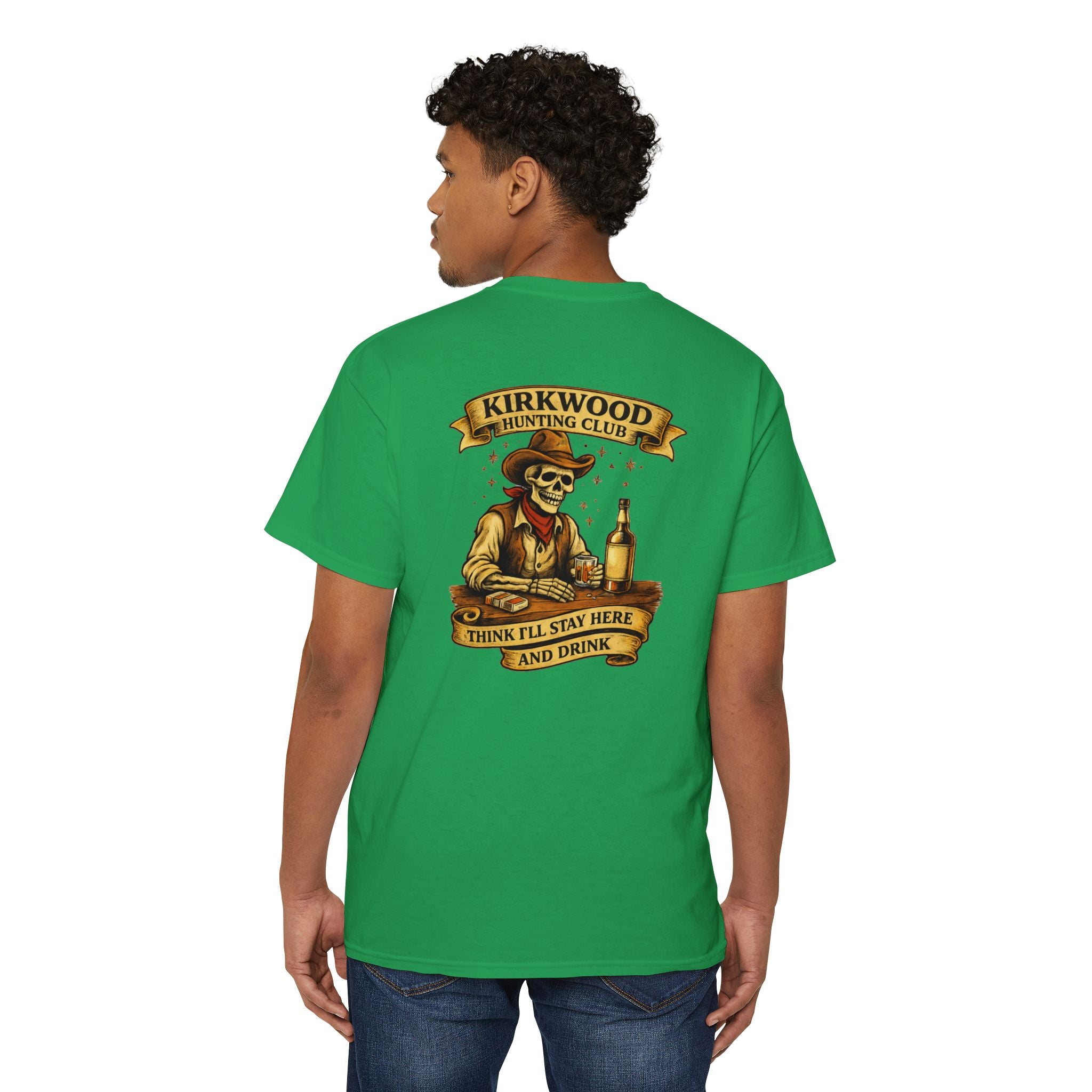 Kirkwood Hunting Club Pocket T‑Shirt — 'Think I’ll Stay Here and Drink'