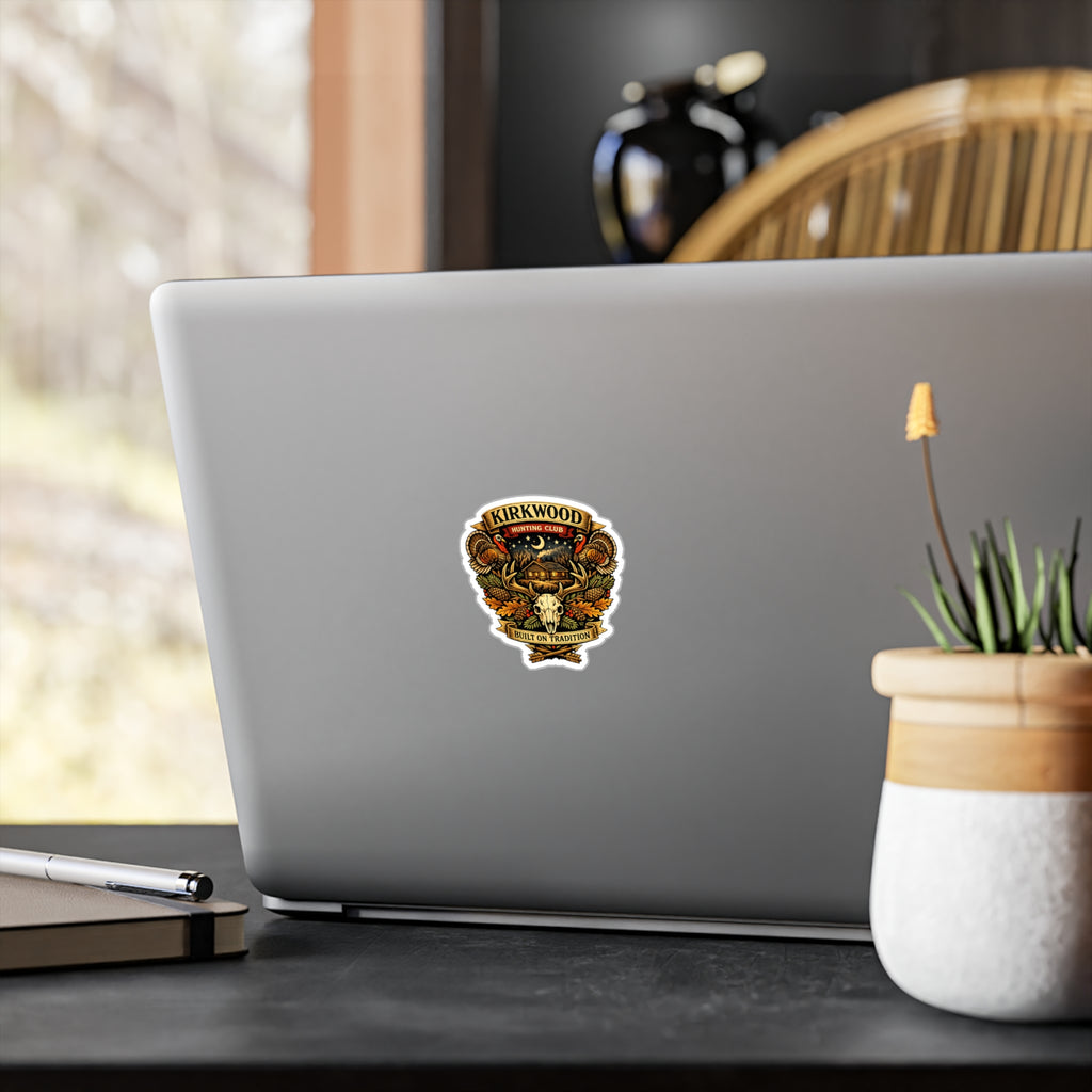 Kirkwood Hunting Club Vinyl Sticker — Rustic Cabin, Skull & Antlers Kiss-Cut Decal