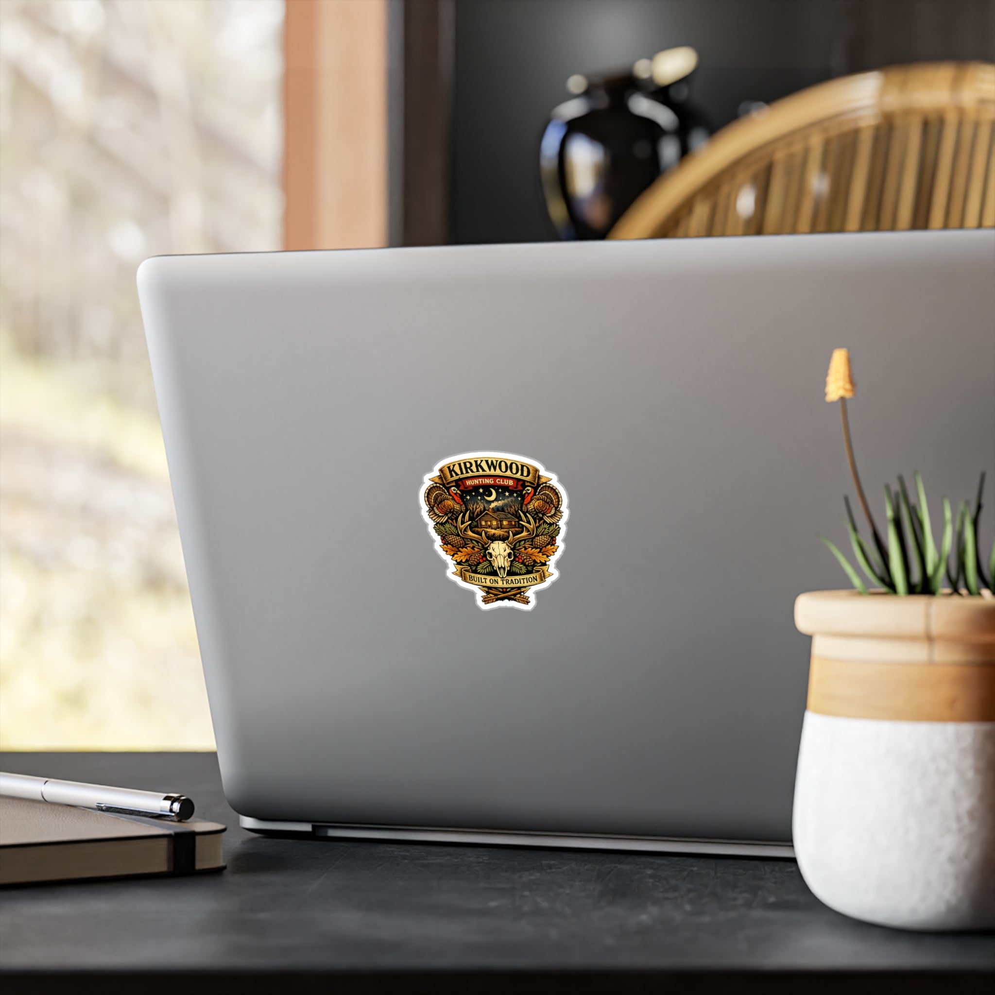 Kirkwood Hunting Club Vinyl Sticker — Rustic Cabin, Skull & Antlers Kiss-Cut Decal