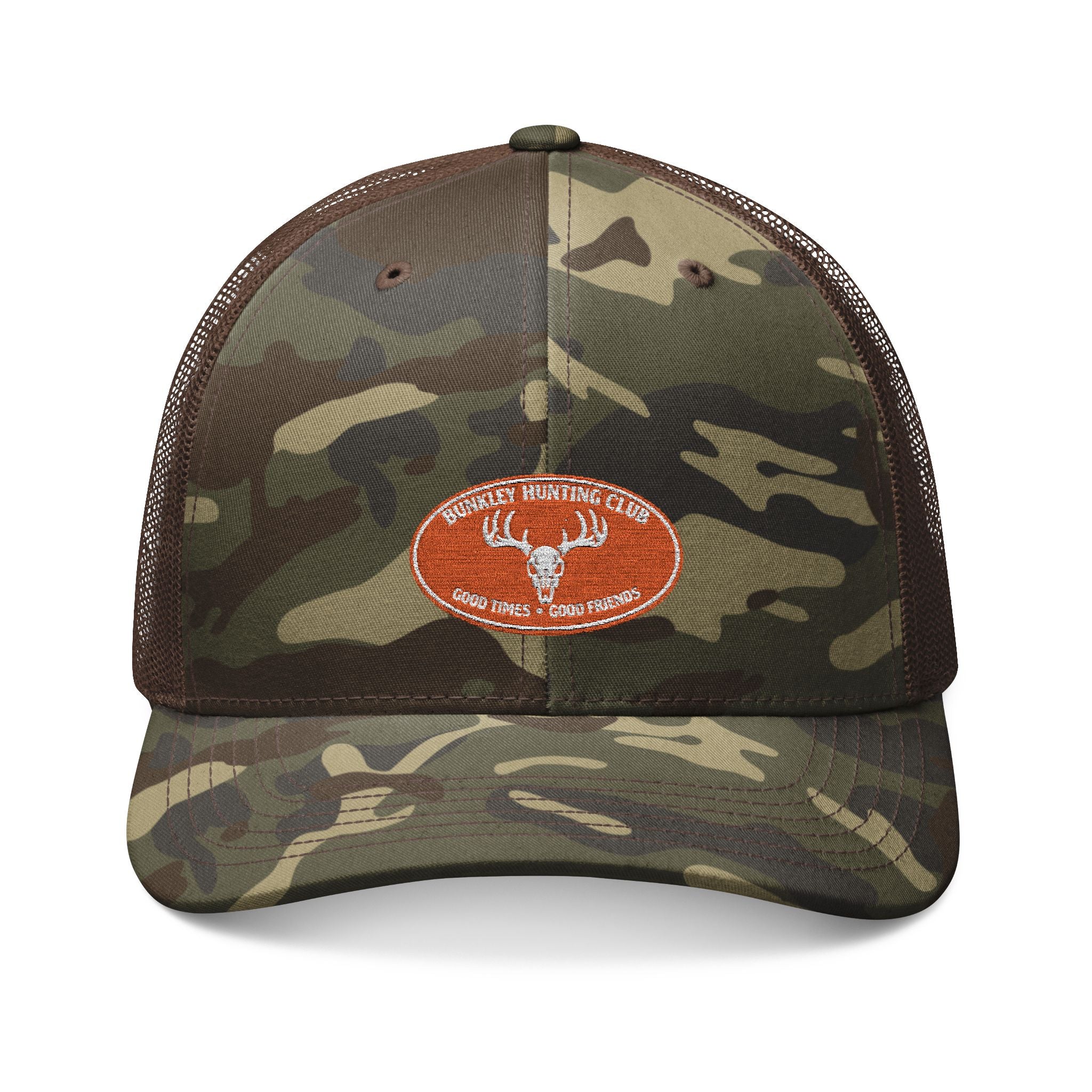 Camo Trucker Hat — Embroidered Buck Deer Patch