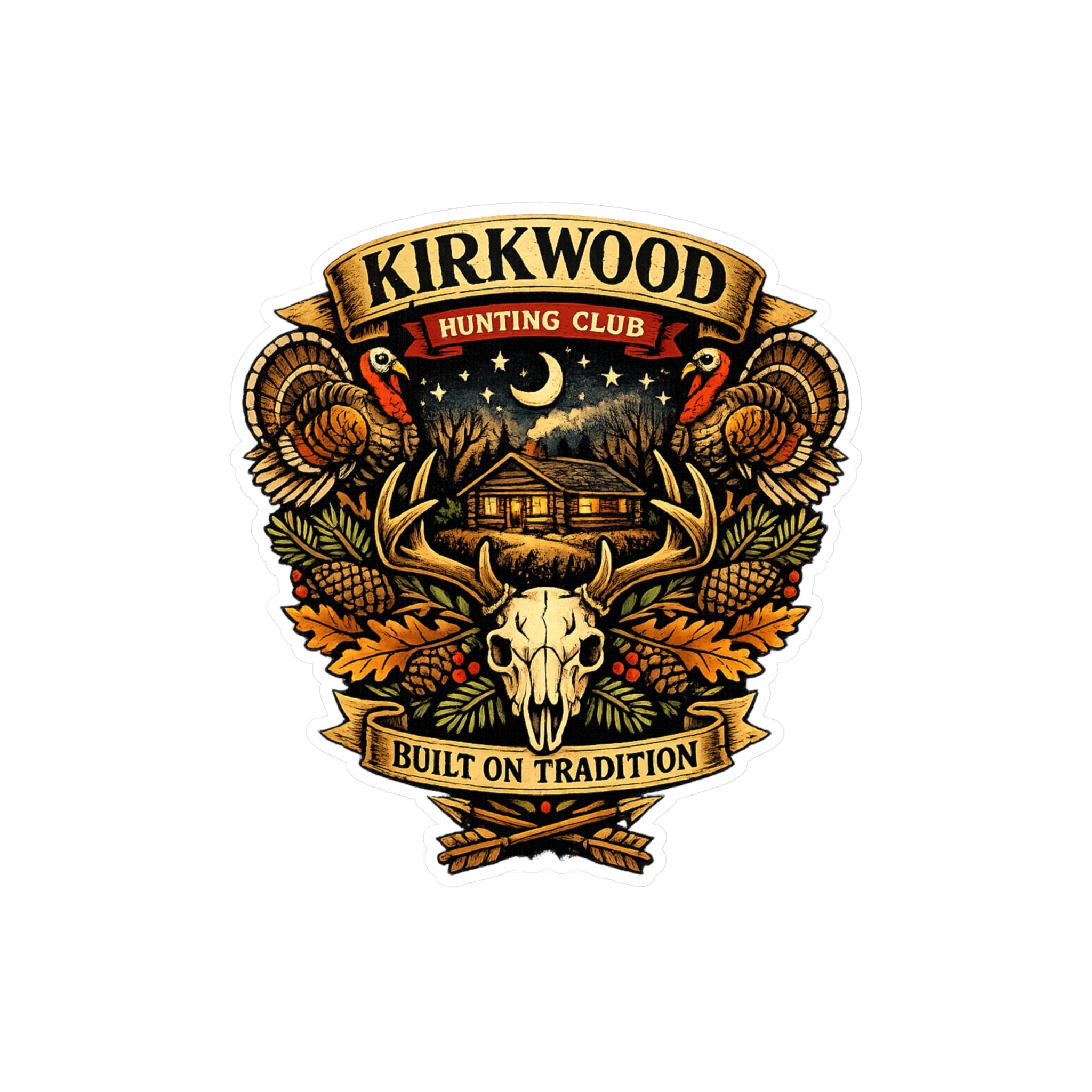 Kirkwood Hunting Club Vinyl Sticker — Rustic Cabin, Skull & Antlers Kiss-Cut Decal