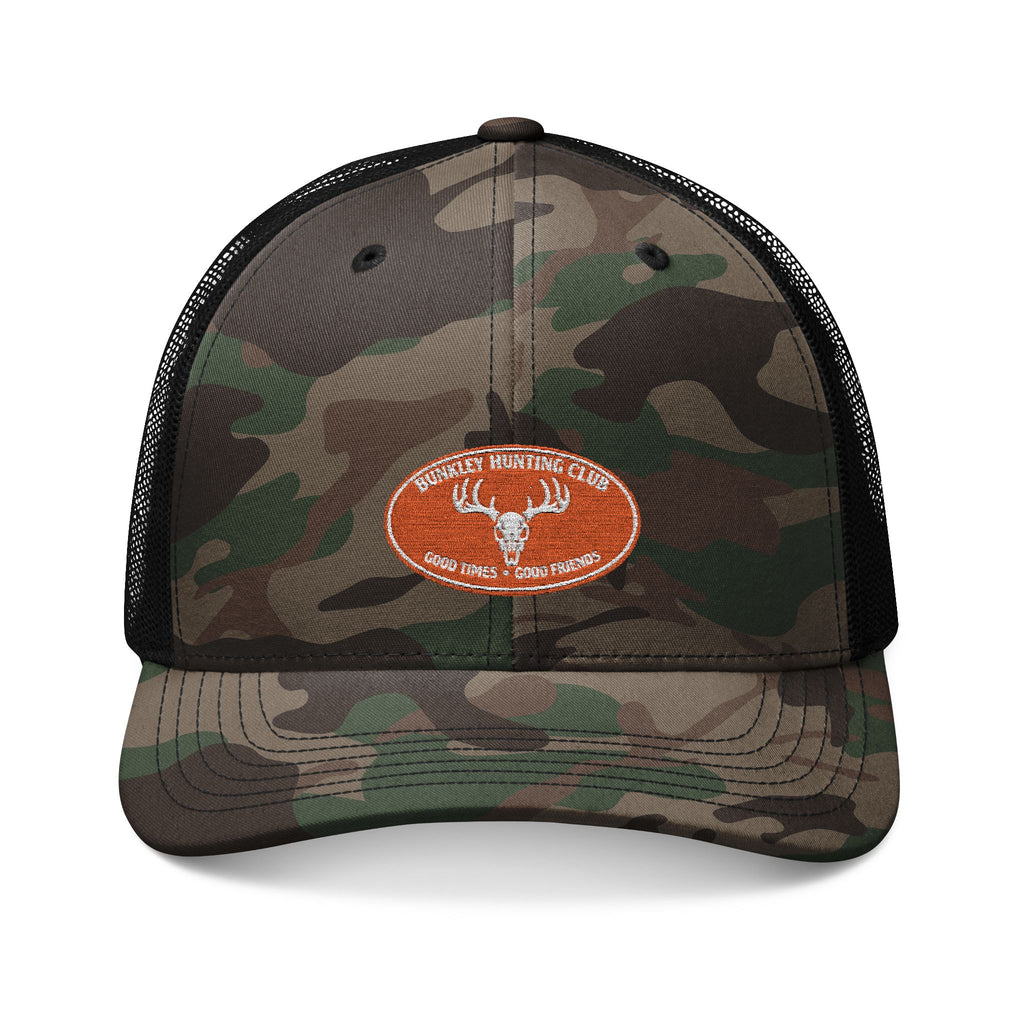 Camo Trucker Hat — Embroidered Buck Deer Patch