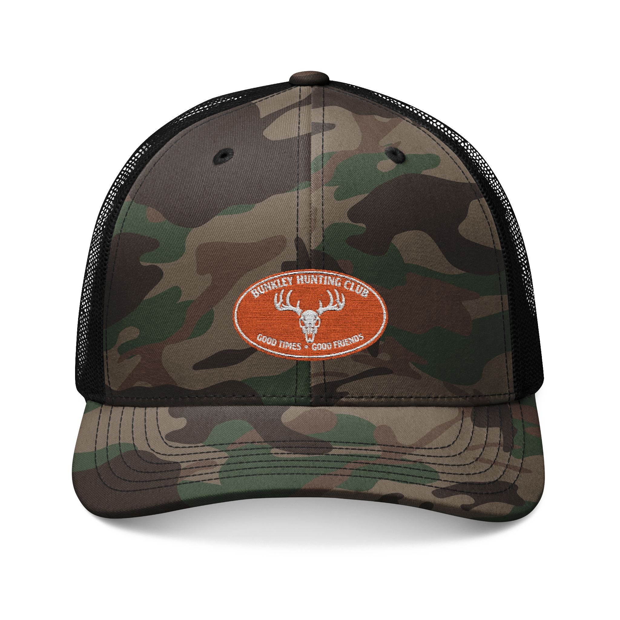 Camo Trucker Hat — Embroidered Buck Deer Patch