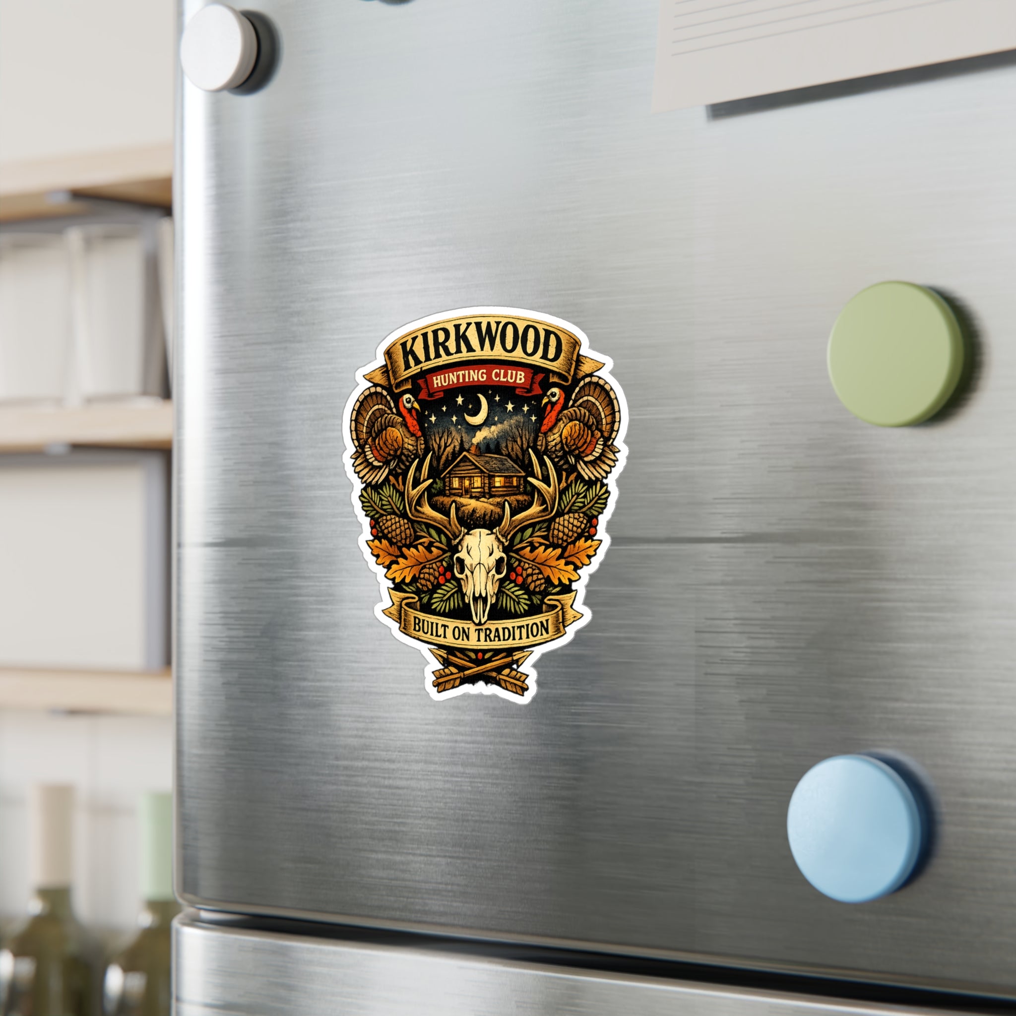 Kirkwood Hunting Club Vinyl Sticker — Rustic Cabin, Skull & Antlers Kiss-Cut Decal