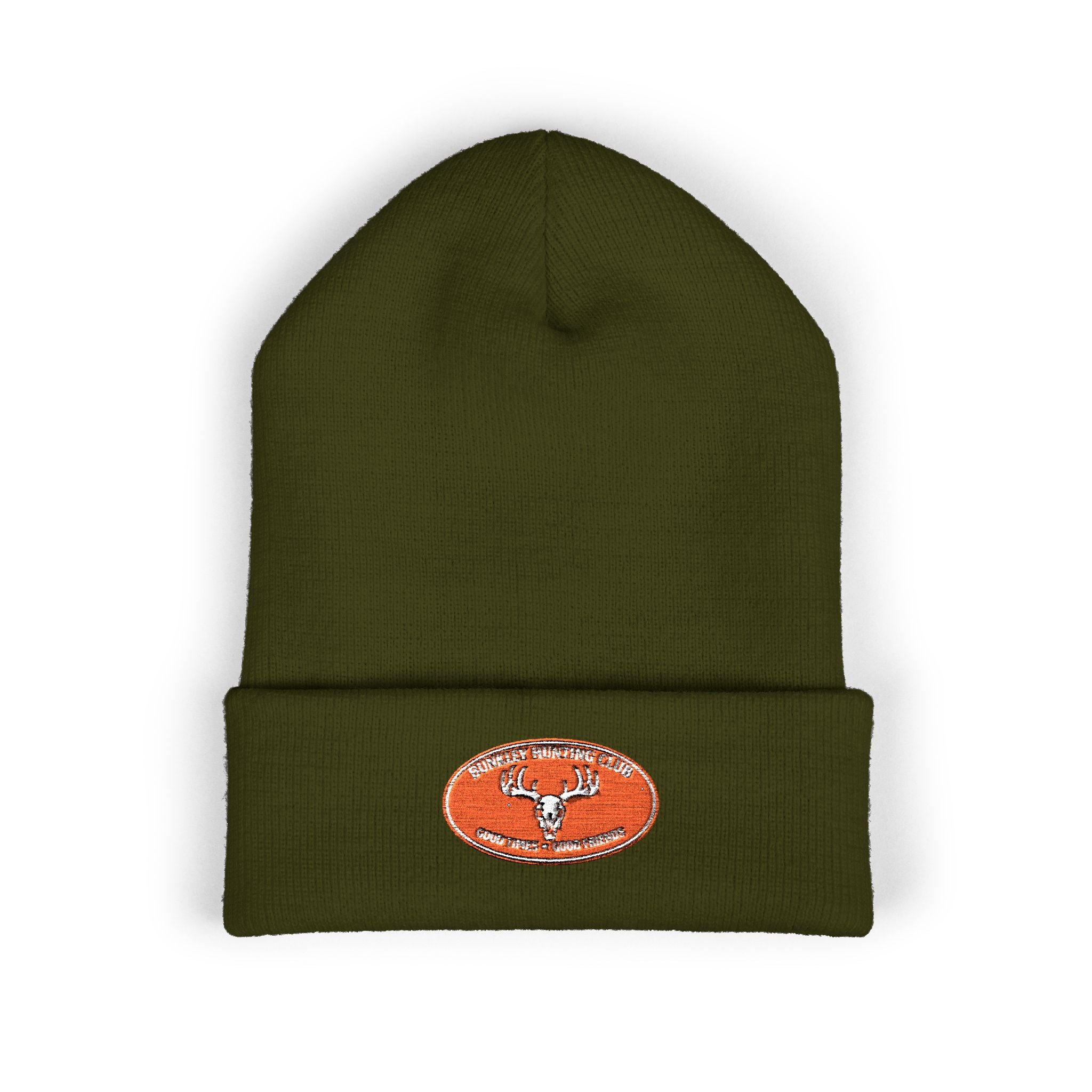 Embroidered Deer Patch Cuffed Beanie — Olive Outdoor Knit Hat