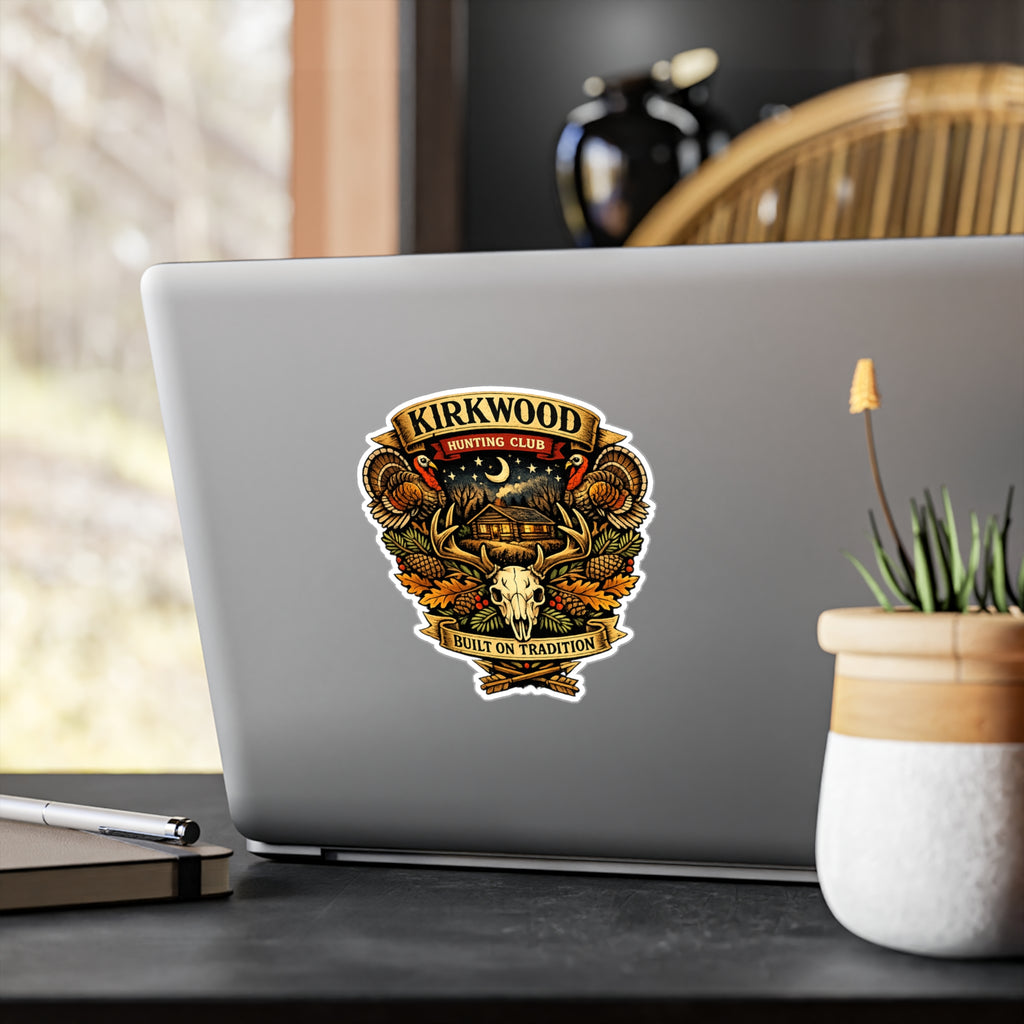 Kirkwood Hunting Club Vinyl Sticker — Rustic Cabin, Skull & Antlers Kiss-Cut Decal