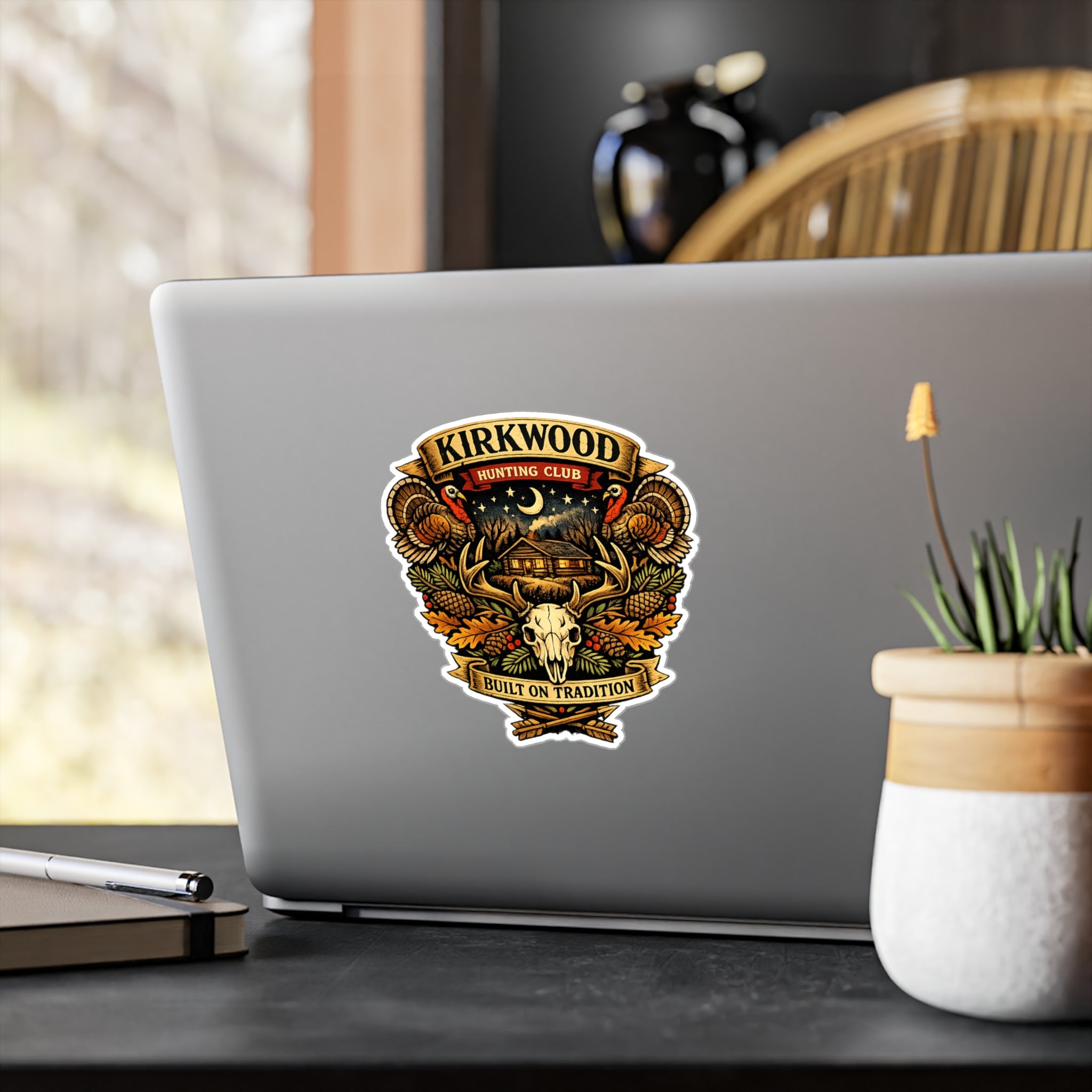 Kirkwood Hunting Club Vinyl Sticker — Rustic Cabin, Skull & Antlers Kiss-Cut Decal