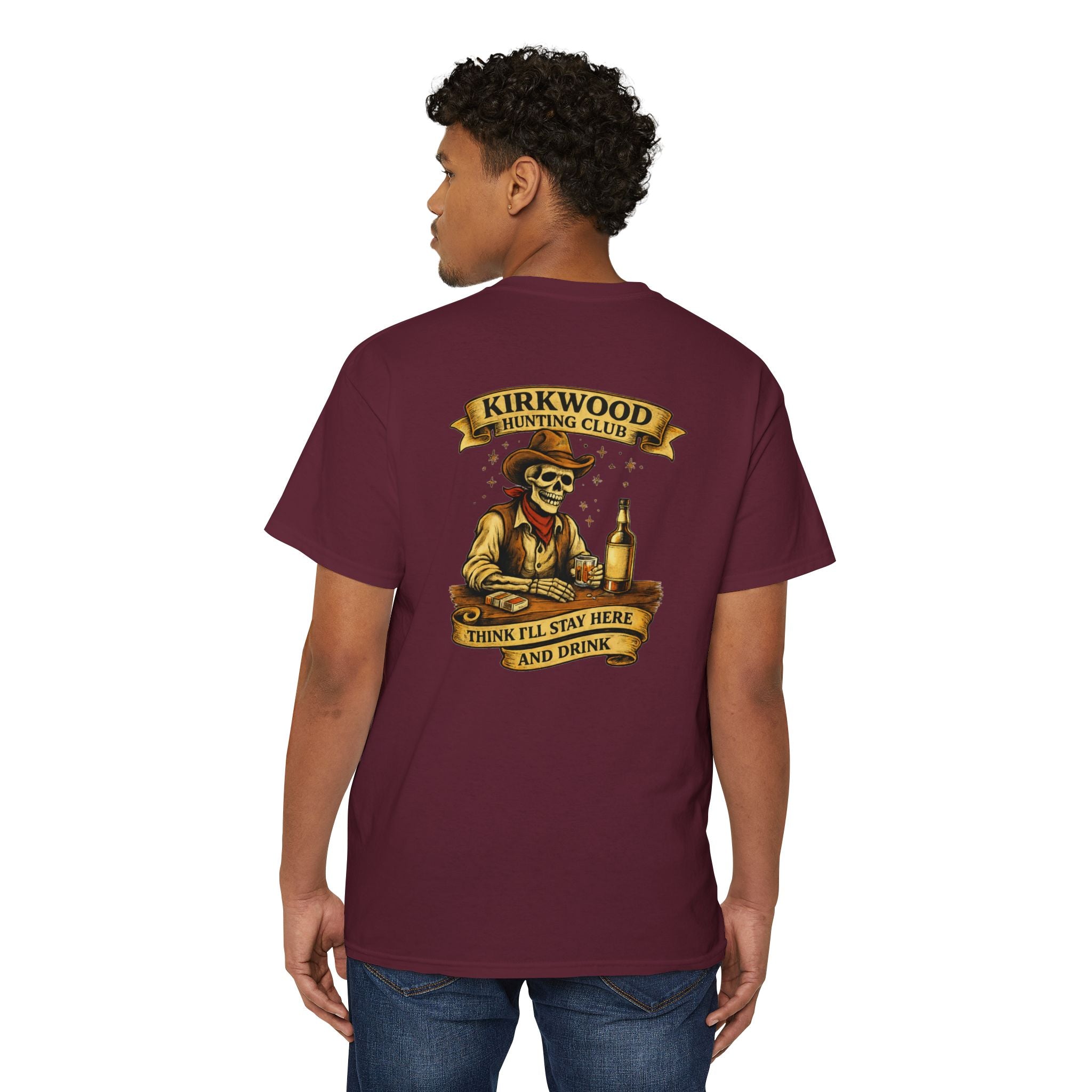 Kirkwood Hunting Club Pocket T‑Shirt — 'Think I’ll Stay Here and Drink'