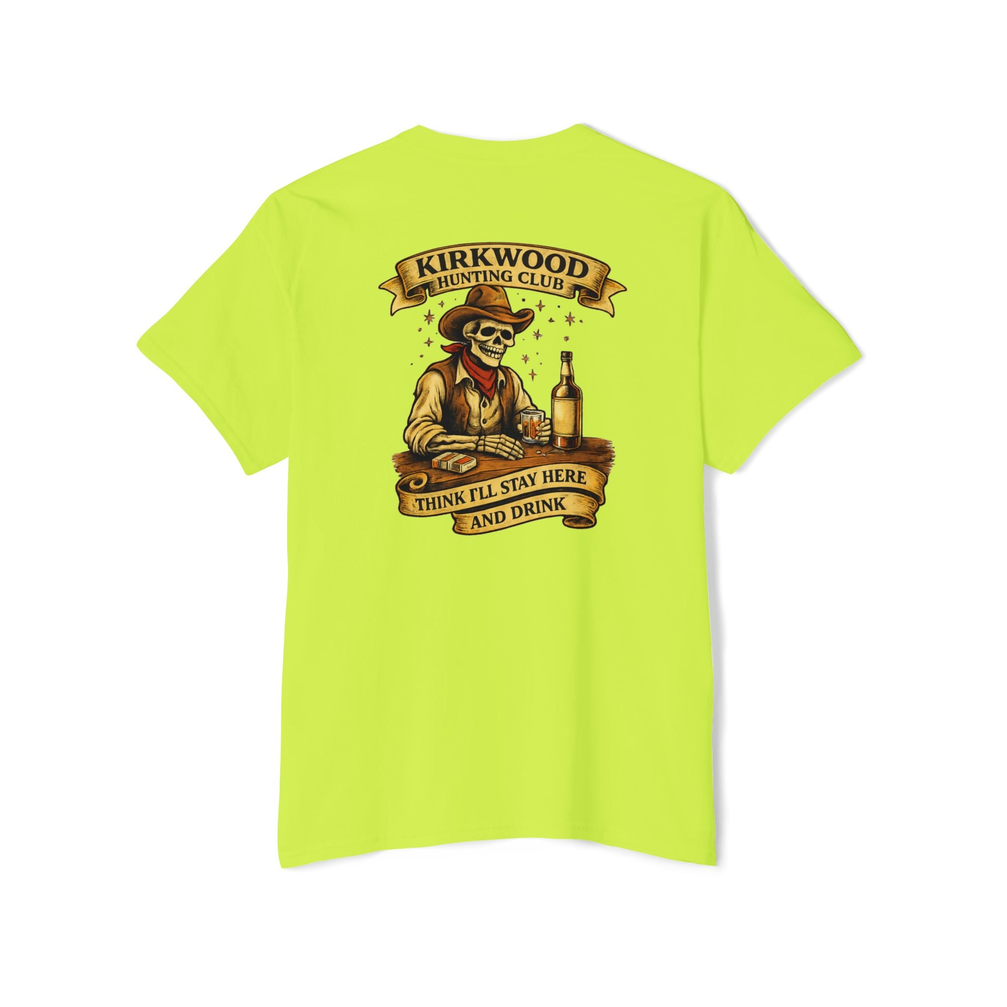 Kirkwood Hunting Club Pocket T‑Shirt — 'Think I’ll Stay Here and Drink'