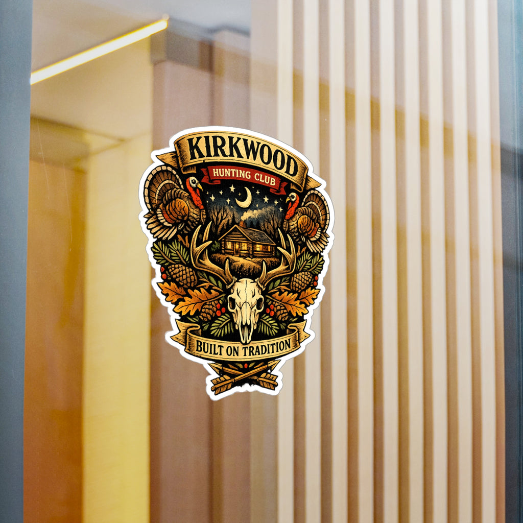 Kirkwood Hunting Club Vinyl Sticker — Rustic Cabin, Skull & Antlers Kiss-Cut Decal