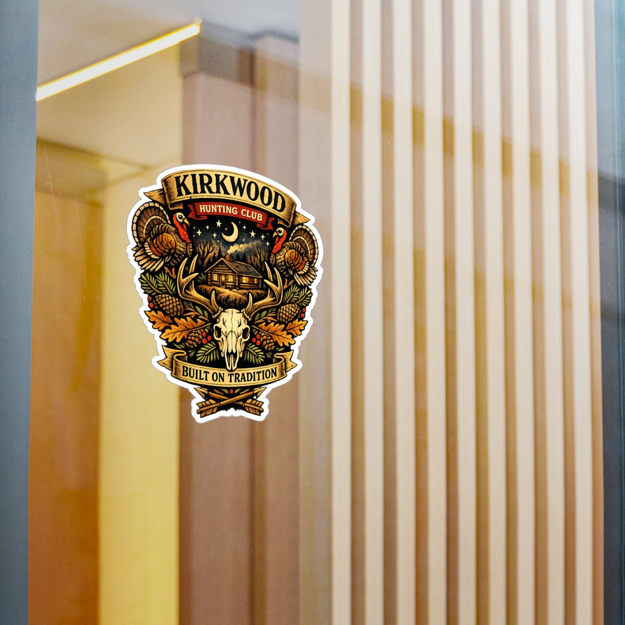 Kirkwood Hunting Club Vinyl Sticker — Rustic Cabin, Skull & Antlers Kiss-Cut Decal